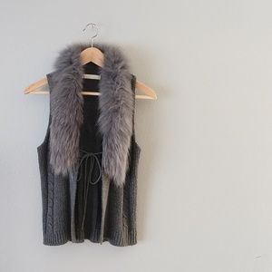 Slate Cable Knit Vest with Fur Collar